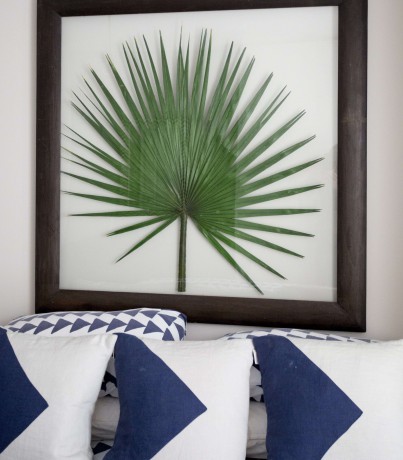 framed large palm leaf with blue and white cushions