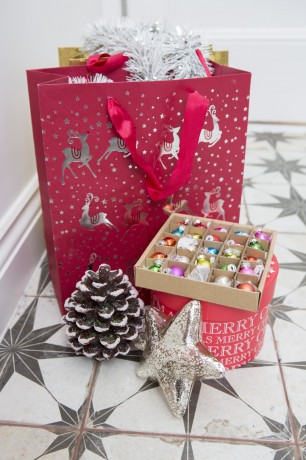 Red Christmas bag and Christmas decorations