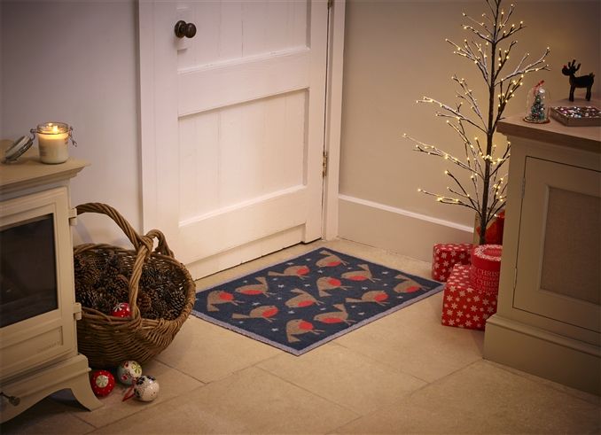 Robin Doormat in Grey, Machine Washable Christmas Indoor Doormat